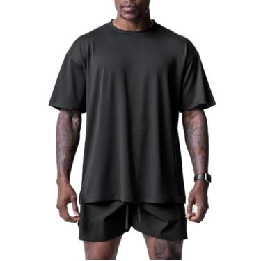 Imagem de Pzgwan camisa de natação para homens correndo pescoço redondo rash guard manga curta quick dry surf pesca t shirt,Black,XXXL