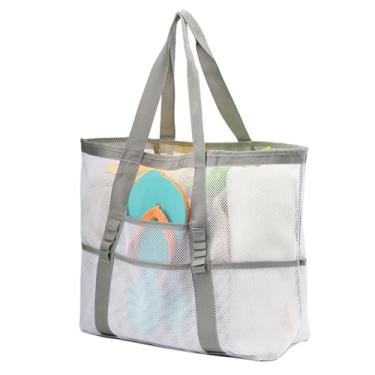Imagem de TOPASION Sacola de praia grande de malha leve para brinquedos de areia, sacolas de compras de viagem em família, sacolas de compras reutilizáveis, Branco, 17 inches x 15.5 inches x 8 inches