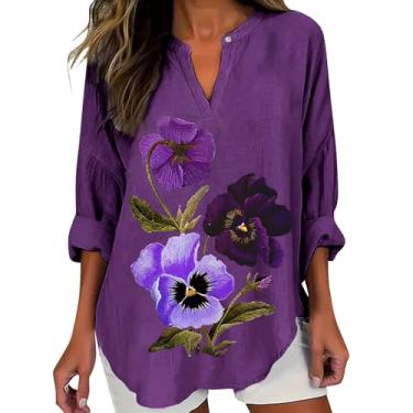 Imagem de Camisetas femininas de linho de verão para conscientização de Alzheimer, roxa, estampa floral, manga comprida, gola V, túnicas soltas, Roxa, P