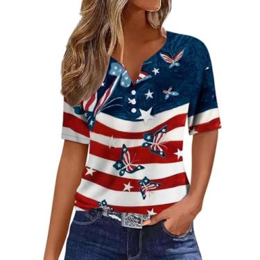 Imagem de Camiseta feminina patriótica de manga curta com bandeira americana 4th of July gola Henley Stars Stripes Túnica, Azul, G