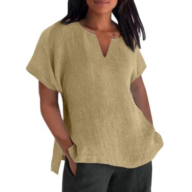 Imagem de Camiseta feminina de verão de algodão e linho, casual, folgada, moderna, túnica de manga curta, gola Henley e botões, Caqui, XXG