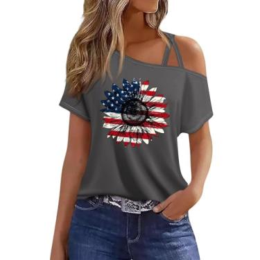 Imagem de Camisetas femininas 4th of July Patriotic American Flag Graphic Tops Sexy One Shoulder manga curta Independence Day Blusas, Cinza, XXG