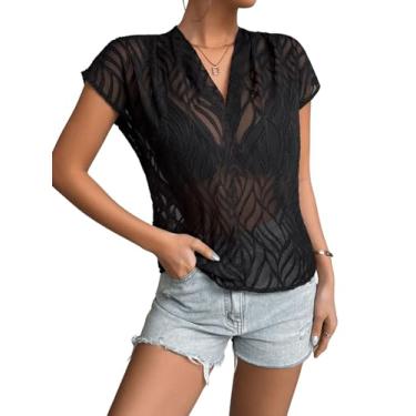 Imagem de MakeMeChic Blusa feminina de malha transparente listrada zebra gola V manga curta, Preto, M