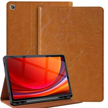 Imagem de Gexmil Capa de couro genuíno para Samsung Galaxy Tab S8/S7 de 11 polegadas com suporte para lápis, capa protetora à prova de choque ajustável Smart Premium Folio Flip Tablet, amarelo-marrom