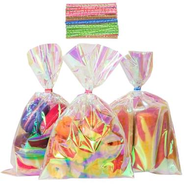 Imagem de 120 sacos iridescentes de celofane, sacos de brindes de plástico holográfico de 15 x 23 cm com laços torcidos, sacos de presente de violoncelo para lembrancinhas de festa de doces pequenos presentes