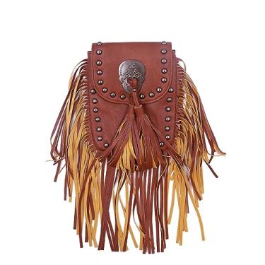 Imagem de RARITYUS Bolsa tiracolo feminina de couro macio com franja e borla punk rebite caveira Hobo bolsa mensageiro, Marrom, One Size