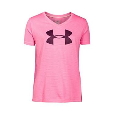 Imagem de Under Armour Camiseta feminina com logotipo grande gola V, rosa punk/beterraba, juvenil médio