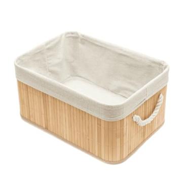 Imagem de Cesto Organizador Retangular Bambu Natural Tecido Linho e Corda Organização Casa (32 x 22 x 13cm)
