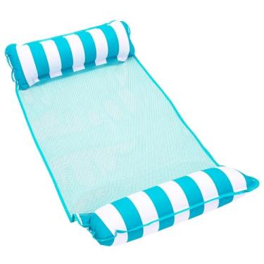 Imagem de Cadeira inflável para piscina Aqua LEISURE 4 em 1 Monterey Hammock, boia em formato de rede para piscina, listras azul claro/branco