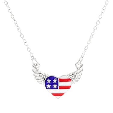 Imagem de Colar de strass com bandeira dos EUA patriótico vermelho branco azul esmaltado bandeiras americanas coração anjo asa colar para mulheres e homens independência Memorial Day 4 de julho joias modernas