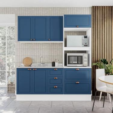 Imagem de Cozinha Pérola com Rodapé Completa 3 Peças Aéreo 3 Portas e Balcão 2 Gavetas 3 Portas e Torre Quente Branco/Azul