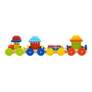 Imagem de Trem Grande Com 4 Vagões Brinquedo Em Madeira Educativo - Parcinhas Br