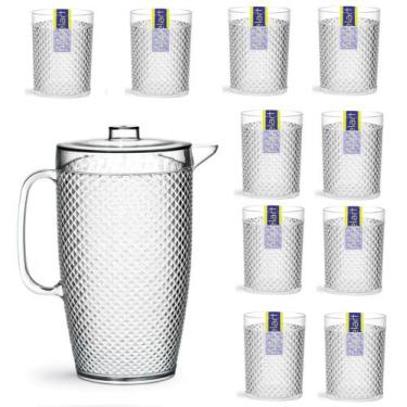 Imagem de Kit 1 Jarra De 3Litros E 10 Copos Acrílico Resistente Crystal 490 Ml -