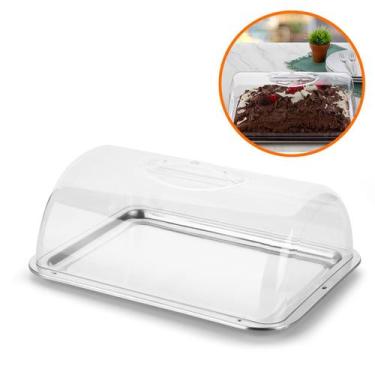Imagem de Boleira Retangular Inox  18cm C/ Tampa Cristal 4x1 Bolo Doce Pão Salga