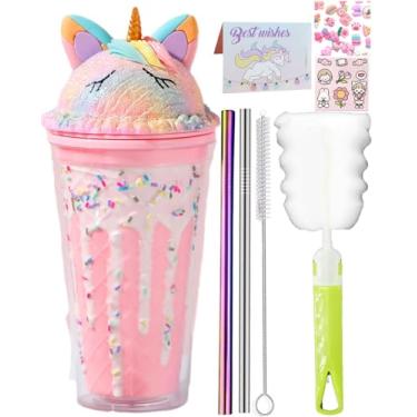 Imagem de seelucky Copo de viagem de unicórnio com canudo e chocolate, copo para beber gelo, leite, café, caneca de plástico para piquenique, festa, presente de aniversário (chocolates unicórnio rosa, 450 ml)