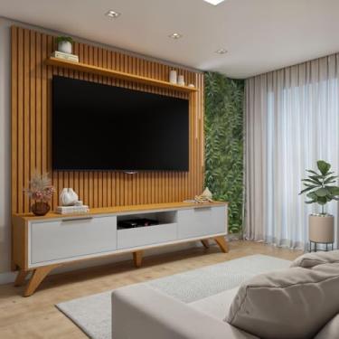 Imagem de Mavaular Conjunto Rack Áustria 220cm com Painel Ripado com Led para TV de até 75 Polegadas Paris Naturalle/Off White - 1 Prateleira, 3 Gavetas, Estilo Moderno, Montagem na Parede