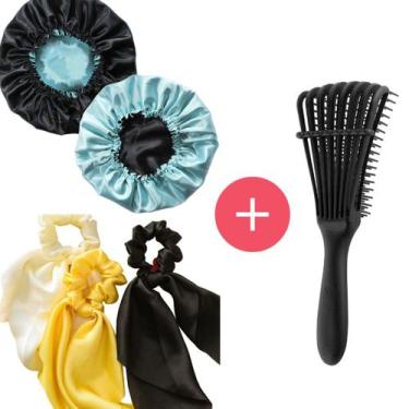 Imagem de Kit Touca Cetim Adulto + Escova Basic + Scrunchie - Encaracolados