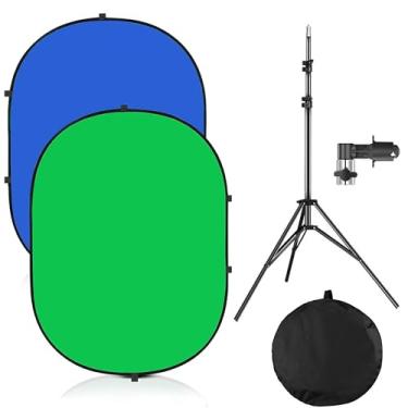 Imagem de YUOCU Pano de fundo Chromakey de 1,5 x 2 m com suporte de 2,4 m, tela verde 2 em 1 e painel de fundo dobrável reversível para estúdio de fotografia, transmissão ao vivo, gravação de vídeo, jogos