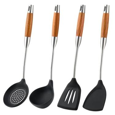 Imagem de FJNATINH Espátula Wok de silicone, espátulas com fenda, concha, conjunto de ferramentas de concha de escumadeira, utensílios de cozinha antiaderentes resistentes ao calor, sem BPA, utensílios de