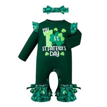 Imagem de LATOBREATH Conjunto de roupa de bebê recém-nascido com estampa de letras e babados My First Valentine Day Festival com faixa de cabeça, Verde, 3-6 Meses