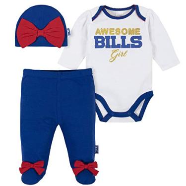Imagem de NFL Buffalo Bills Conjunto com 3 bodies com pés e calça de registro de chapéus, contas de búfalo azul/branco, 6 a 9 meses