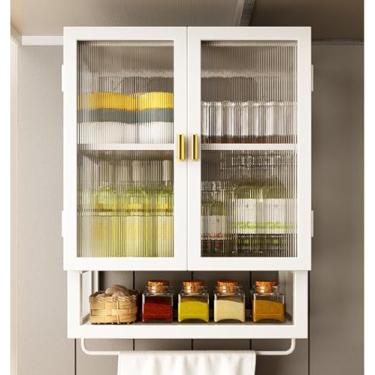 Imagem de Gavetas empilháveis de armazenamento de parede para temperos com duas portas deslizantes, rack de armazenamento de cozinha multifuncional, sem necessidade de perfuração para cozinha, jantar, banheiro,