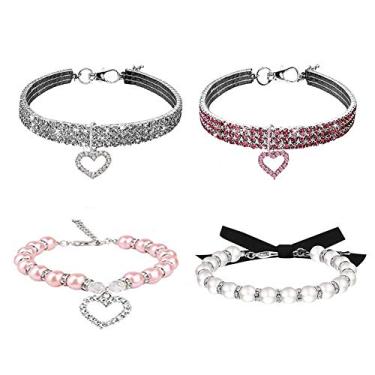 Imagem de WoYous Conjunto de coleira de cachorro com strass e colar de pérola, alça de pescoço ajustável, brilhante, cristal, fofo, pérola, coleira para cães para meninas, gatos, filhotes, acessório para festa
