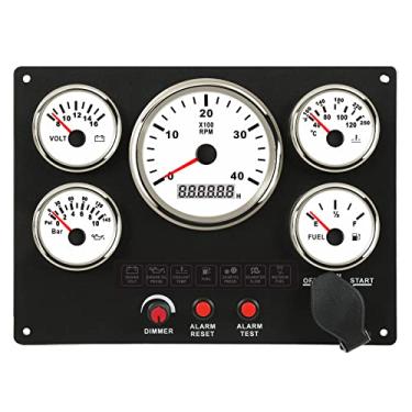 Imagem de Painel de instrumentos marítimos abrangente com conjunto de 5 medidores tacômetros, temperatura do combustível, tensímetro de pressão do óleo para barcos e iates