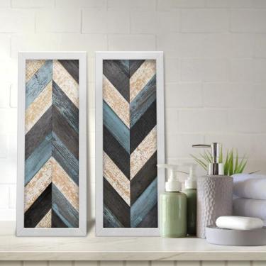 Imagem de Kit 2 Quadros Decorativos Lavabo Madeira Chevron Preto Azul Ripas - De