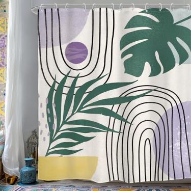 Imagem de Glawry Cortina de chuveiro boho roxa planta abstrata folha de palmeira tropical moderna minimalista arco geométrico banheiro moderno meados do século 152 x 182 cm C acessórios de banho arte decoração