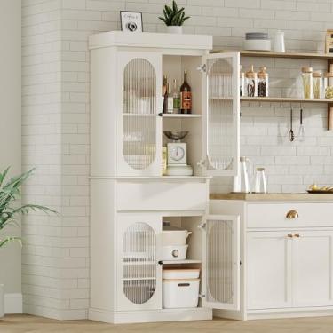 Imagem de GarveeHome Armário de despensa de cozinha, armário de armazenamento alto com portas de vidro e prateleiras ajustáveis, armário independente com gaveta para banheiro, sala de jantar, sala de estar,