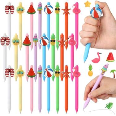 Imagem de Gilprop 24 canetas de gel havaianas de verão, canetas retráteis de 0,5 mm, linda caneta de tinta gel preta, 8 estilos, flamingo, piscina, frutas, canetas estéticas para diário, escola, material de
