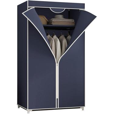 Imagem de HLMSRXJ Guarda-roupa de lona, ​​prateleiras de guarda-roupa portáteis com trilho suspenso, prateleiras, capa de tecido, organizador de armazenamento de armário de roupas, azul, 155x90x45