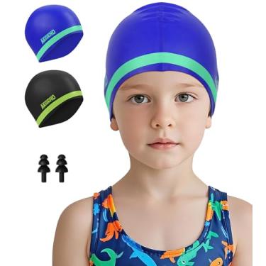 Imagem de Aegend Pacote com 2 toucas de natação infantis para meninas e meninos de 8 a 15 anos, touca de natação impermeável de silicone durável para cabelos longos, preto, verde e azul verde