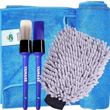 Imagem de Kit Detalhamento Automotivo Acessórios Toalha Para Secagem Carro Moto 300gsm 50x90 + Pinceis Yamase + Luva Microfibra Tentaculos JS