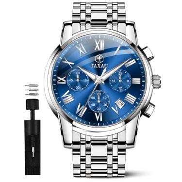 Imagem de Taxau Relógios masculinos luxuosos, multifuncionais, à prova d'água, para homens, mostrador grande, analógico, quartzo, aço inoxidável, prata, cronógrafo, com data luminosa, Azul-NKLH-T-G8406, round,