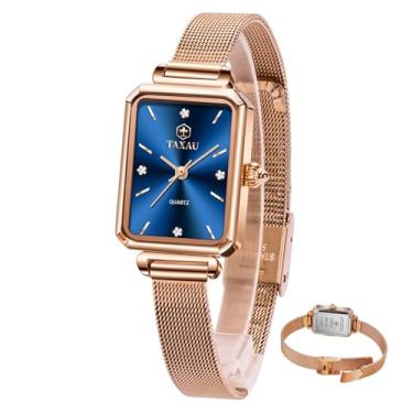 Imagem de Taxau Relógios femininos com rosto pequeno, à prova d'água, relógios femininos, números grandes, vintage, analógico, quartzo, quadrado, pulseira de malha, fácil leitura, rosa, ouro/prata, reloj para