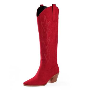 Imagem de iiimmu Feminino Botas De Cowgirl Sem Altas Até O Joelho, Bico Fino E Salto Bloco, Camurça Cowboy Com Bordado, Vermelho, Tamanho 11,5