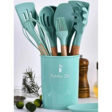 Imagem de Jogo De Cozinha Kit C/12 Peças De Silicone Utensílios E Copo Suporte Para Cabo De Madeira(VERDE)