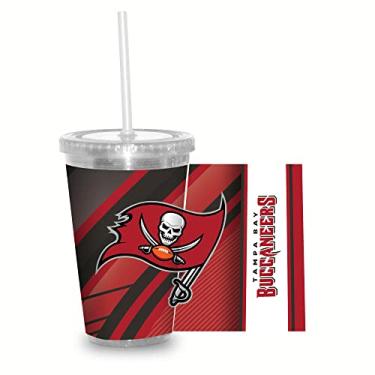 Imagem de Rico Industries Copo transparente NFL Football Tampa Bay Buccaneers 473 ml com palha, oficialmente licenciado para fãs da NFL