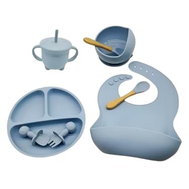 Imagem de Kit Alimentação Infantil de Silicone, 8 Peças, Azul, com Babador, Prato com Ventosa, Tigela, Copo e Talheres