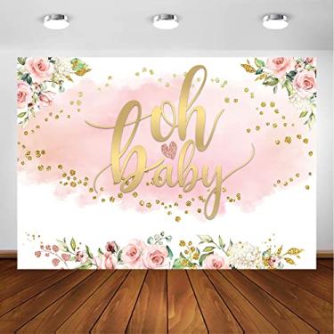 Imagem de Avezano Blush Rose Gold Baby Shower Backdrop for Girl Watercolor Blush Pink Floral Glitter Gold Dots Oh Baby Party Decorações Banner para Photoshoot Photography Background (2,1 x 1,5 m)
