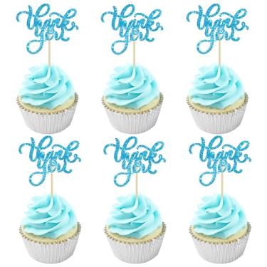 Imagem de 24 peças de enfeite de cupcake de agradecimento com glitter para aniversário, aniversário, dia de ação de graças, casamento, chá de panela, decoração de bolo, suprimentos azul