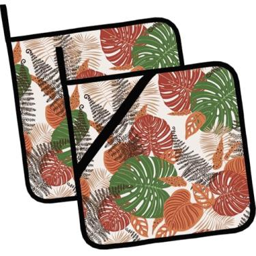 Imagem de Conjunto de 2 pegadores de panela resistentes ao calor e antiderrapantes, boêmio abstrato geométrico folhas tropicais almofadas quentes para cozinha cozinhar, assar, churrasco e presentes para