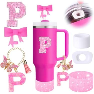 Imagem de MOTEERLLU Conjunto De 6 Acessórios Para Copos Stanley Rosa, Decorações Com Iniciais 30 Oz E 40 Oz, Inclui Topo Canudo Laço, Pingente Alça, Adesivo Letra, Capa Silicone, Tampa Antiderramamento (Letra