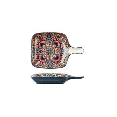 Imagem de Conjunto de pratos e utensílios de mesa de cerâmica boêmia, bandeja de cozimento doméstico, conjunto de utensílios de mesa - prato quadrado com cabo de 23 cm