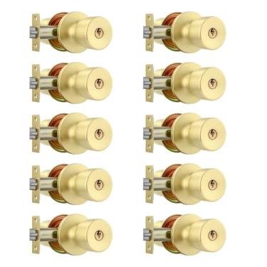 Imagem de Leydebong Pacote com 10 maçanetas de porta de aço inoxidável com chave, maçanetas douradas com chaves, fundo ajustável de 60-70 mm para portas grossas de 35-45 mm, porta da frente/quarto/banheiro