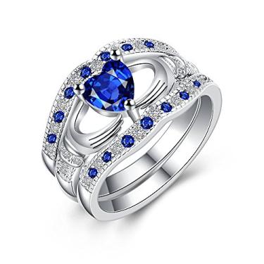 Imagem de Uloveido 3 peças Claddagh irlandês anel de design de eternidade nó celta safira simulada coração azul CZ zircônia cúbica tamanho 6 7 8 9 HR314 Azul