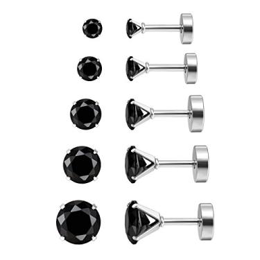 Imagem de Brinco Charisma Cartilage Tragus de aço inoxidável, brinco de piercing de piercing com parte traseira plana, brincos de parafuso traseiro para crianças pequenas (16 G, 3 mm - 7 mm CZ, 6 mm de comprimento da barra, 5 pares), Black Cz With Steel Color, 1