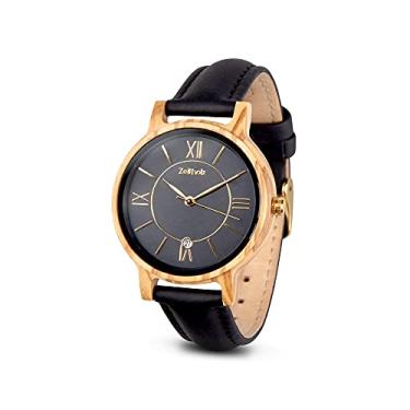 Imagem de Zeitholz Relógio de madeira feminino, relógio de madeira, presentes, relógio analógico, data, nova coleção Rosenbach de 36 mm, madeira natural, movimento de quartzo japonês, pulseira de couro., Preto
